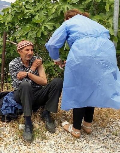 Yaşlı adam İncir bahçesinde koronavirüs aşısı oldu