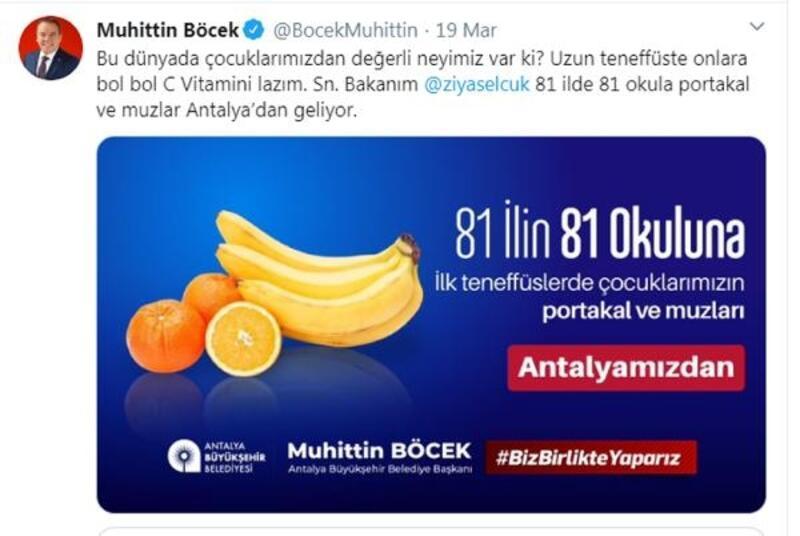 Antalya'dan 81 ilde 81 okula portakal, muz, elma, armut